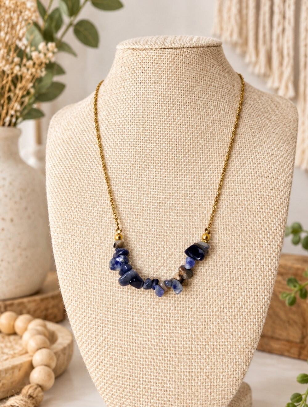 18KT Plated Stainless Steel Gold Neck With Semi Precious Blue Stones